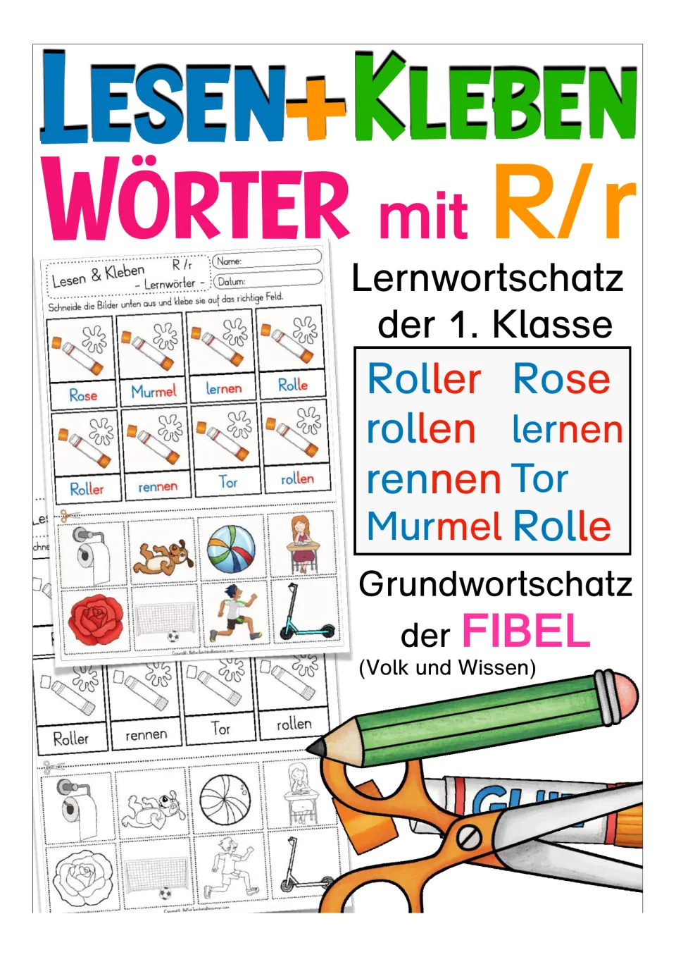 Cover for German R/r cut-and-glue vocabulary practice featuring Rose (rose), Roller (scooter), and six more words