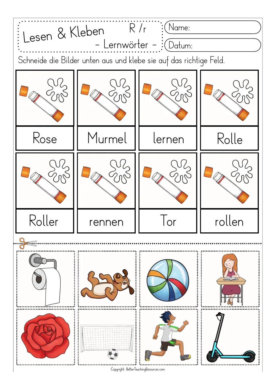Black-text matching sheet with color pictures for Rolle (roll), Roller (scooter), Tor (goal), and five more words