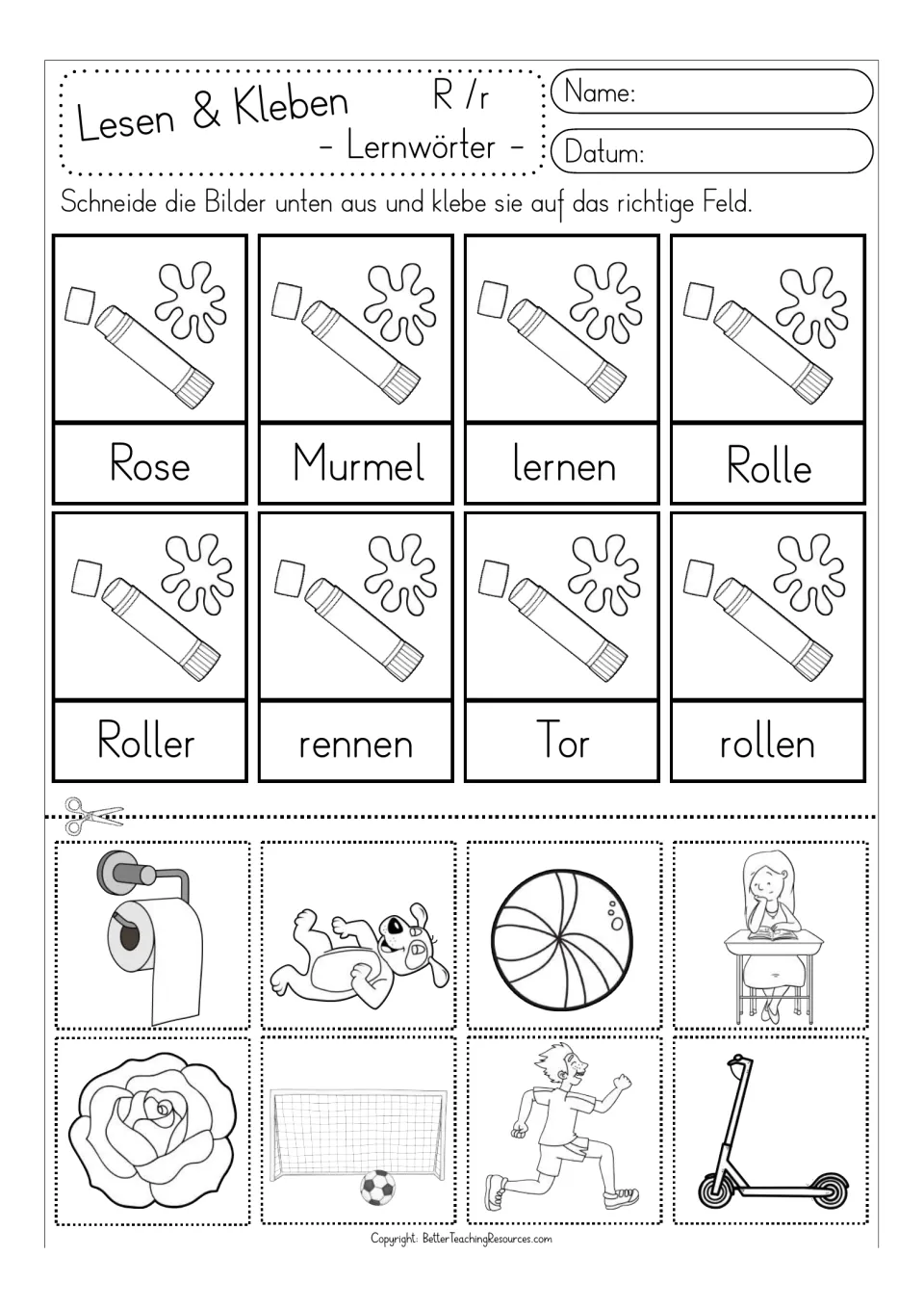 Matching sheet to color: eight German words and cut-out pictures, including rennen (run) and rollen (roll)