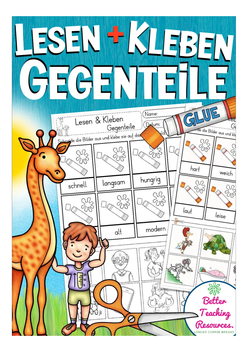 Cover of the German opposites cut-and-glue resource, titled 'Lesen + Kleben Gegenteile', with worksheet samples