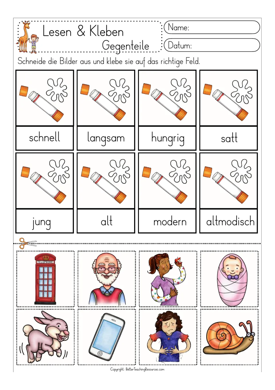 Color cut-and-glue practice: schnell (fast), langsam (slow), hungrig (hungry), satt (full), and four more words