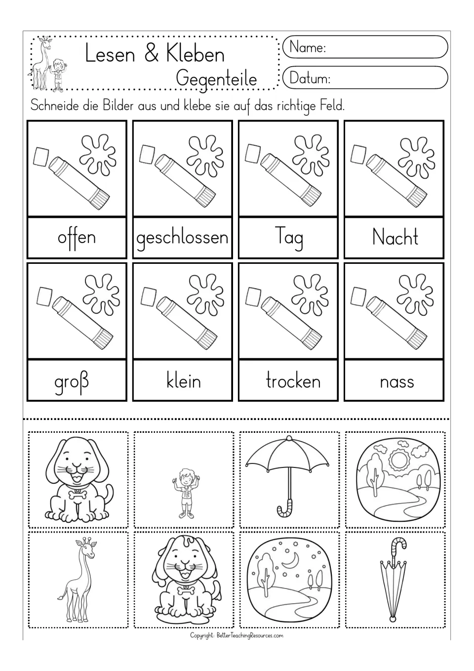 Black-and-white cut-and-glue practice: offen (open), geschlossen (closed), and six more words with picture cutouts