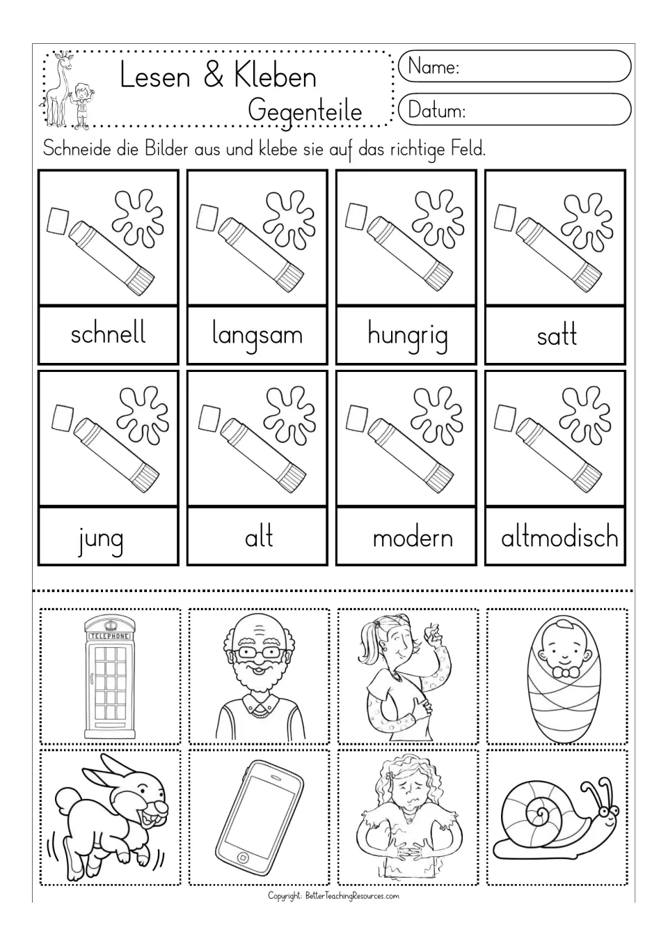 Black-and-white cut-and-glue practice: schnell (fast), langsam (slow), and six more words with picture cutouts