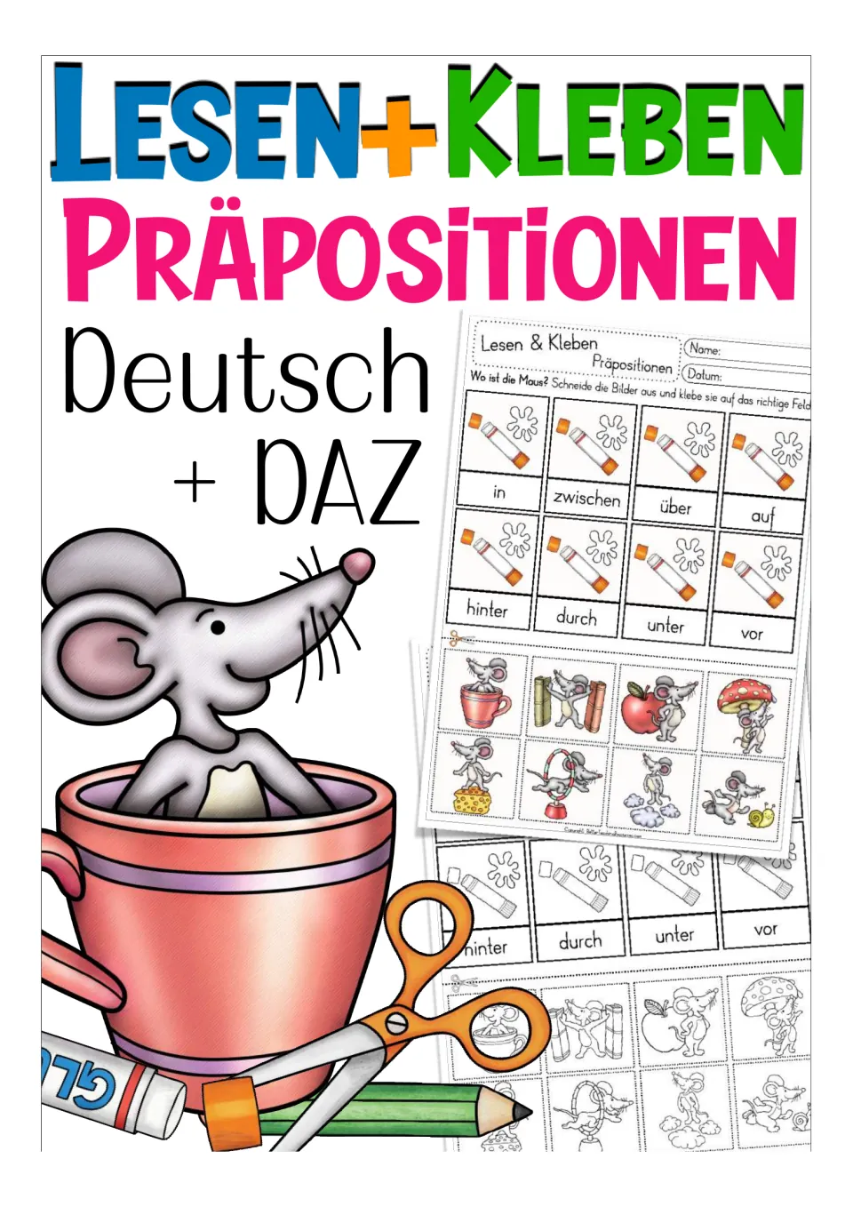 Cover of the German preposition cut-and-glue resource, labeled Präpositionen (prepositions) and Deutsch + DAZ