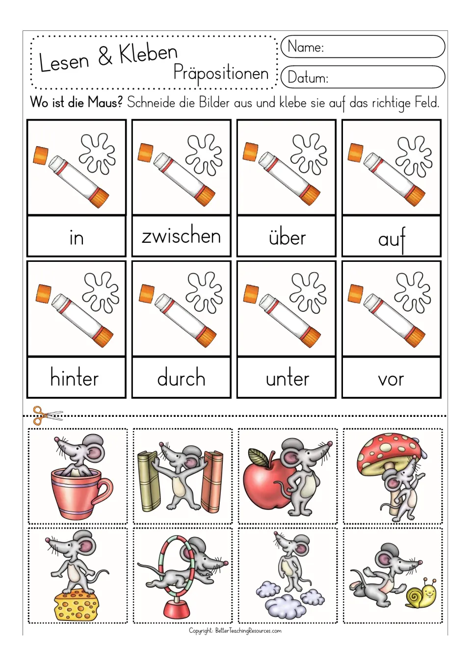 German preposition activity with black text and eight color mouse pictures to cut out and match to words