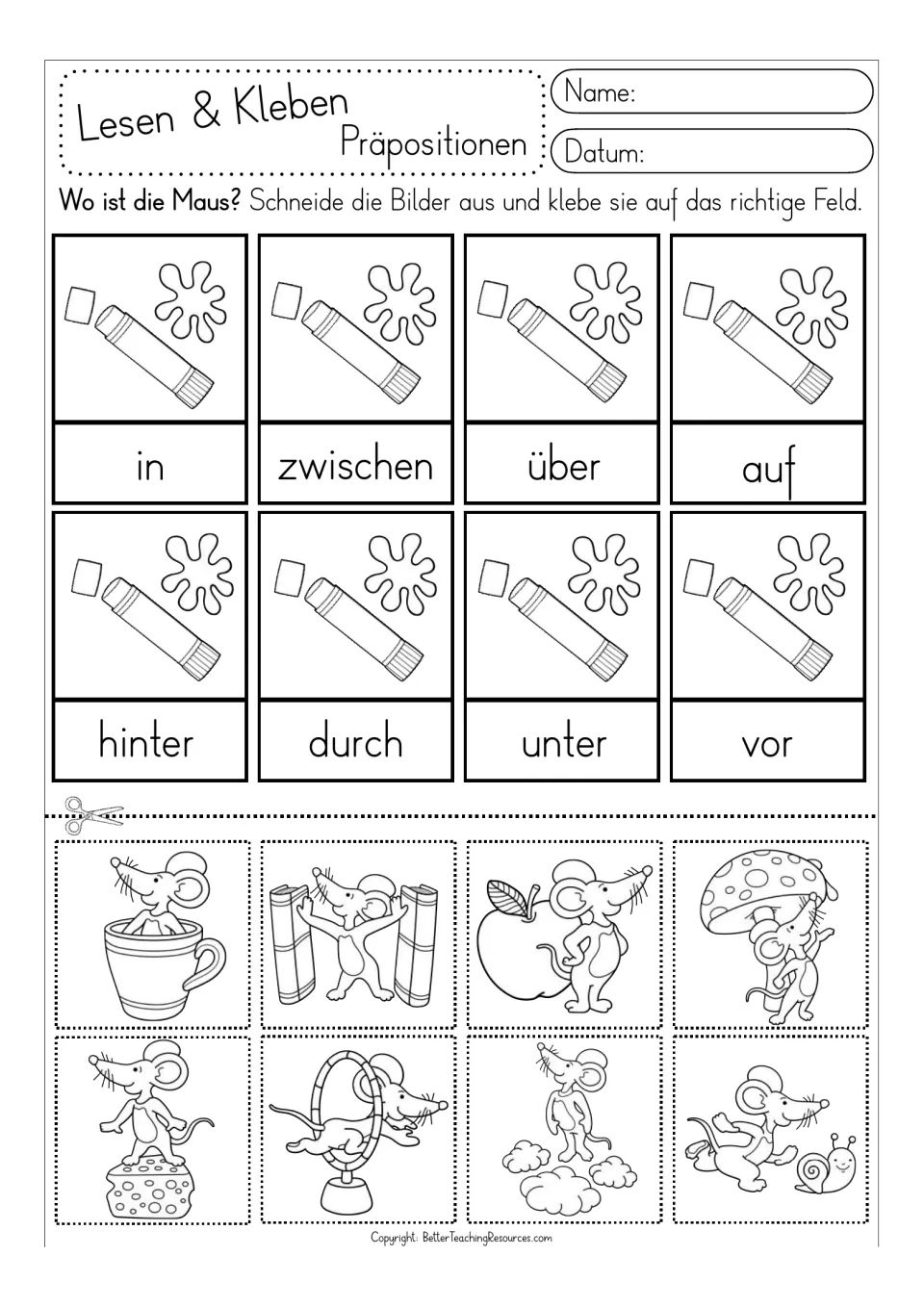 Black-and-white German preposition activity: color, cut, and match eight mouse pictures to the printed words