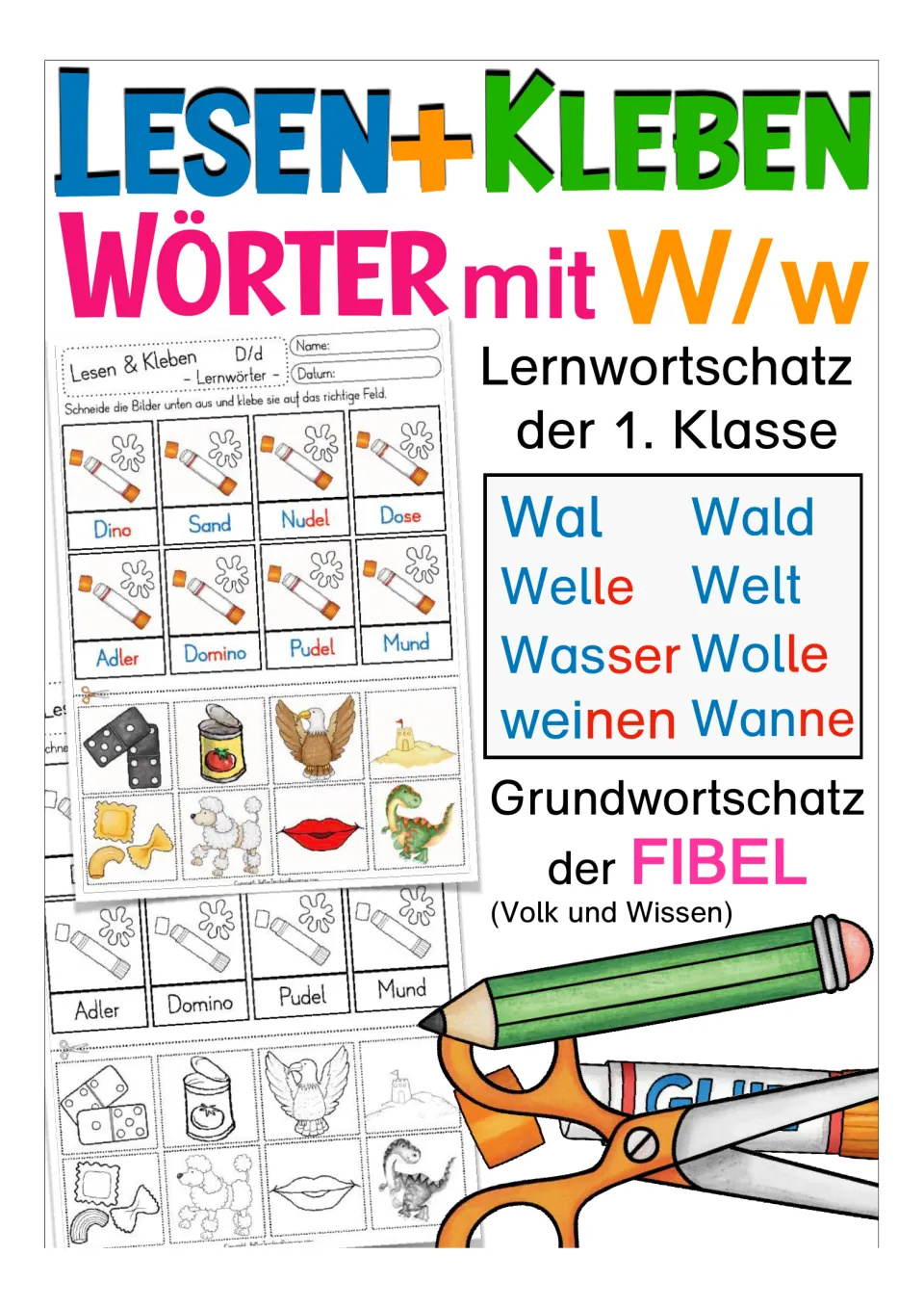 Cover of the German W word cut-and-glue resource, listing Wal (whale), Wald (forest), and six more words