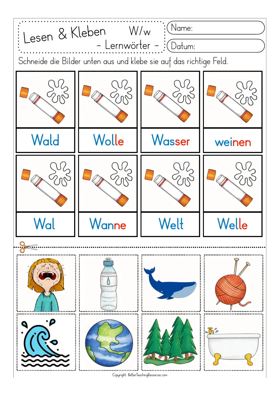 Color-coded German W word matching activity: Wald (forest), Wolle (wool), and six more words with cutout pictures