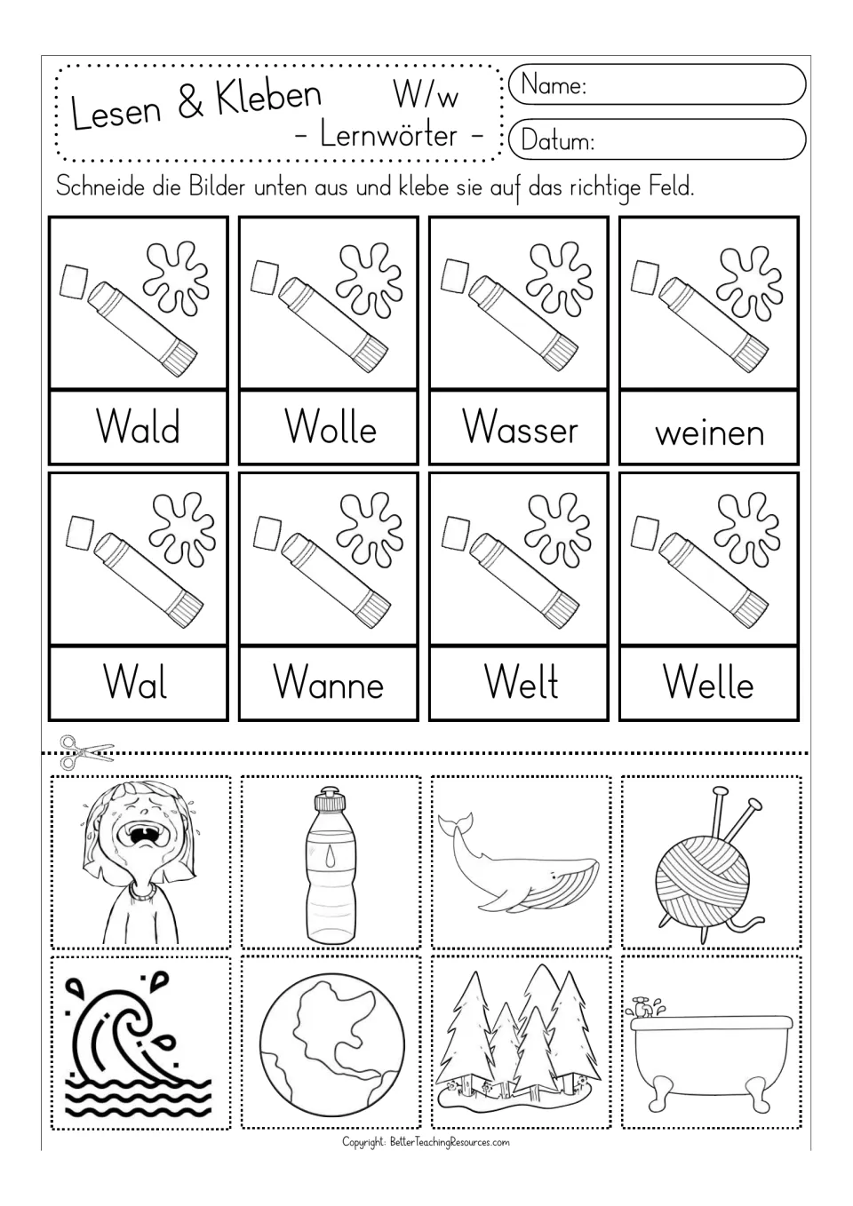 Black-and-white German W word matching activity: Wal (whale), Wanne (bathtub), and six more, with cutout pictures