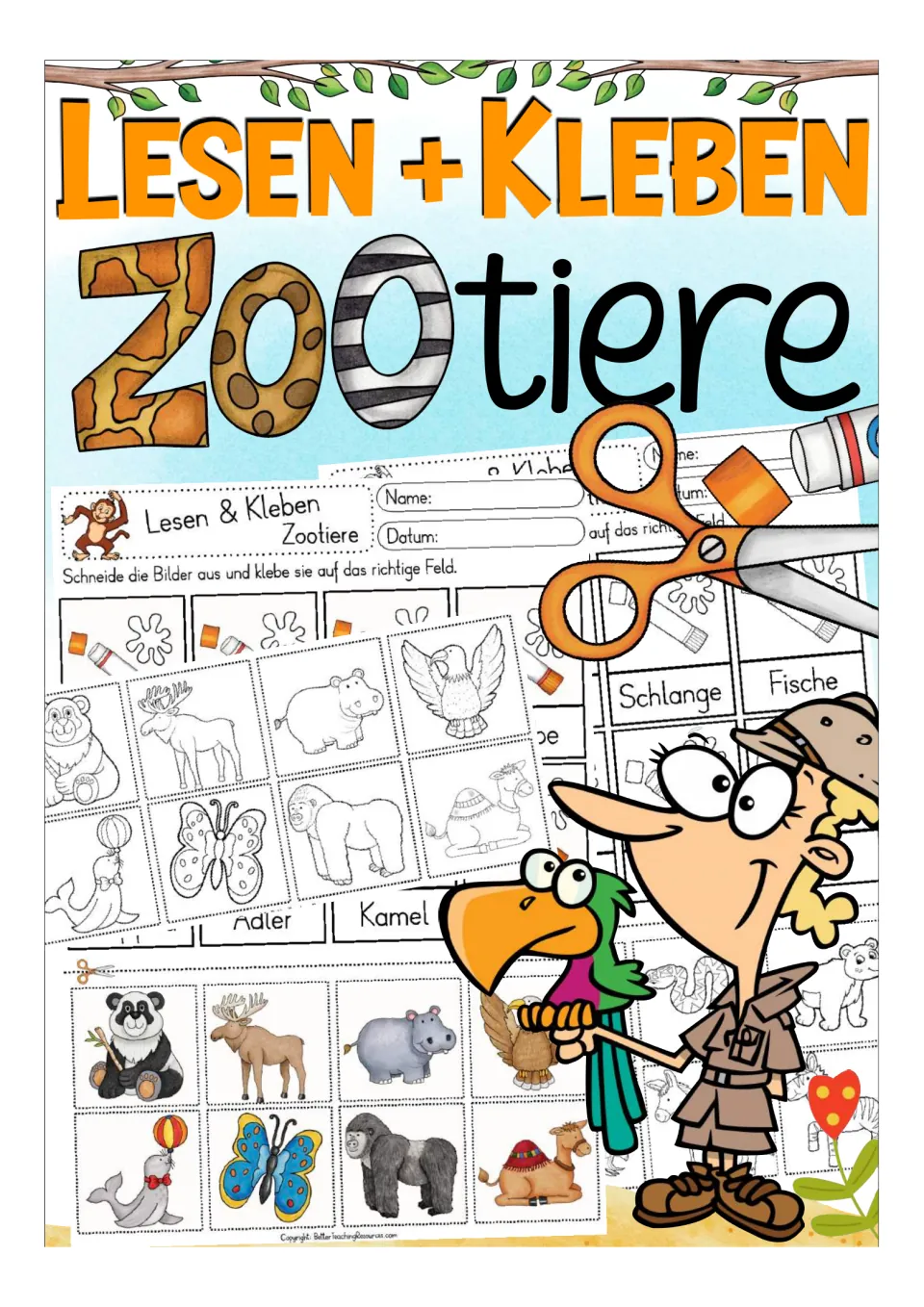 Cover of the German zoo-animal cut-and-glue resource, titled Lesen + Kleben Zootiere (Read + Glue Zoo Animals)