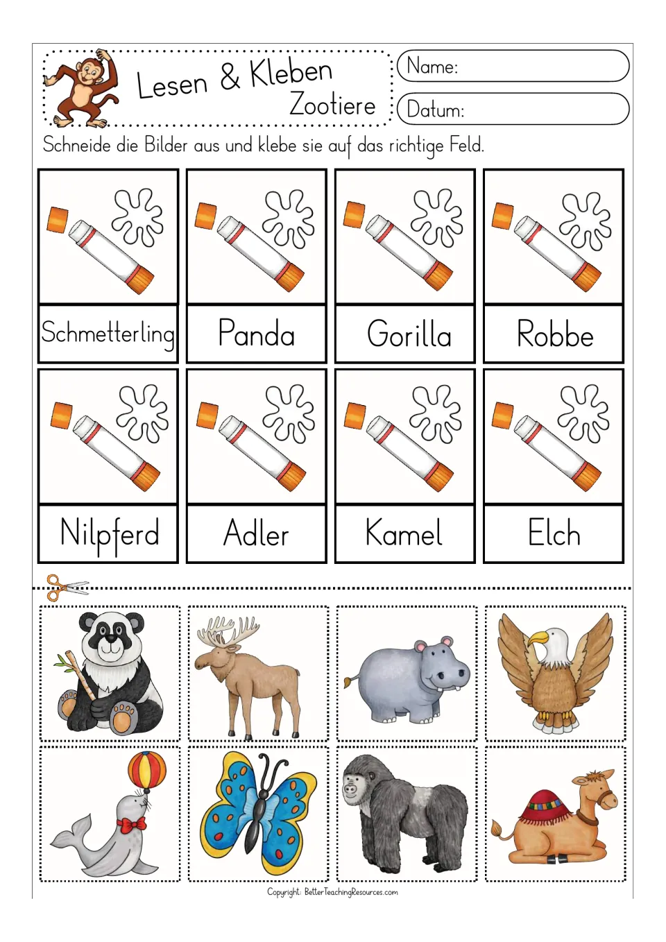 Color cut-and-glue activity for eight German animal words, including Panda (panda) and Nilpferd (hippopotamus)