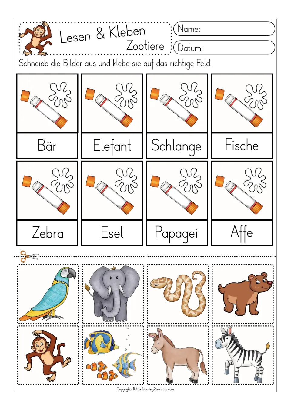 Color cut-and-glue activity for eight German animal words, including Bär (bear) and Schlange (snake)