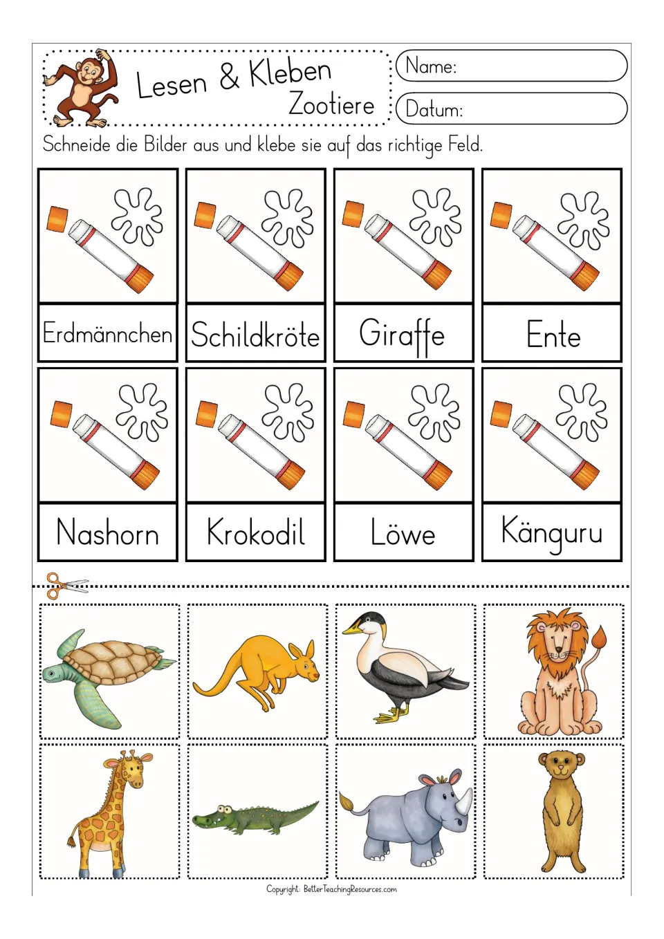 Color cut-and-glue activity for eight German animal words, including Erdmännchen (meerkat) and Löwe (lion)