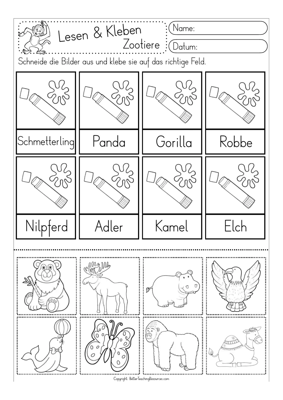 Black-and-white cut-and-glue activity for eight German animal words, including Robbe (seal) and Adler (eagle)