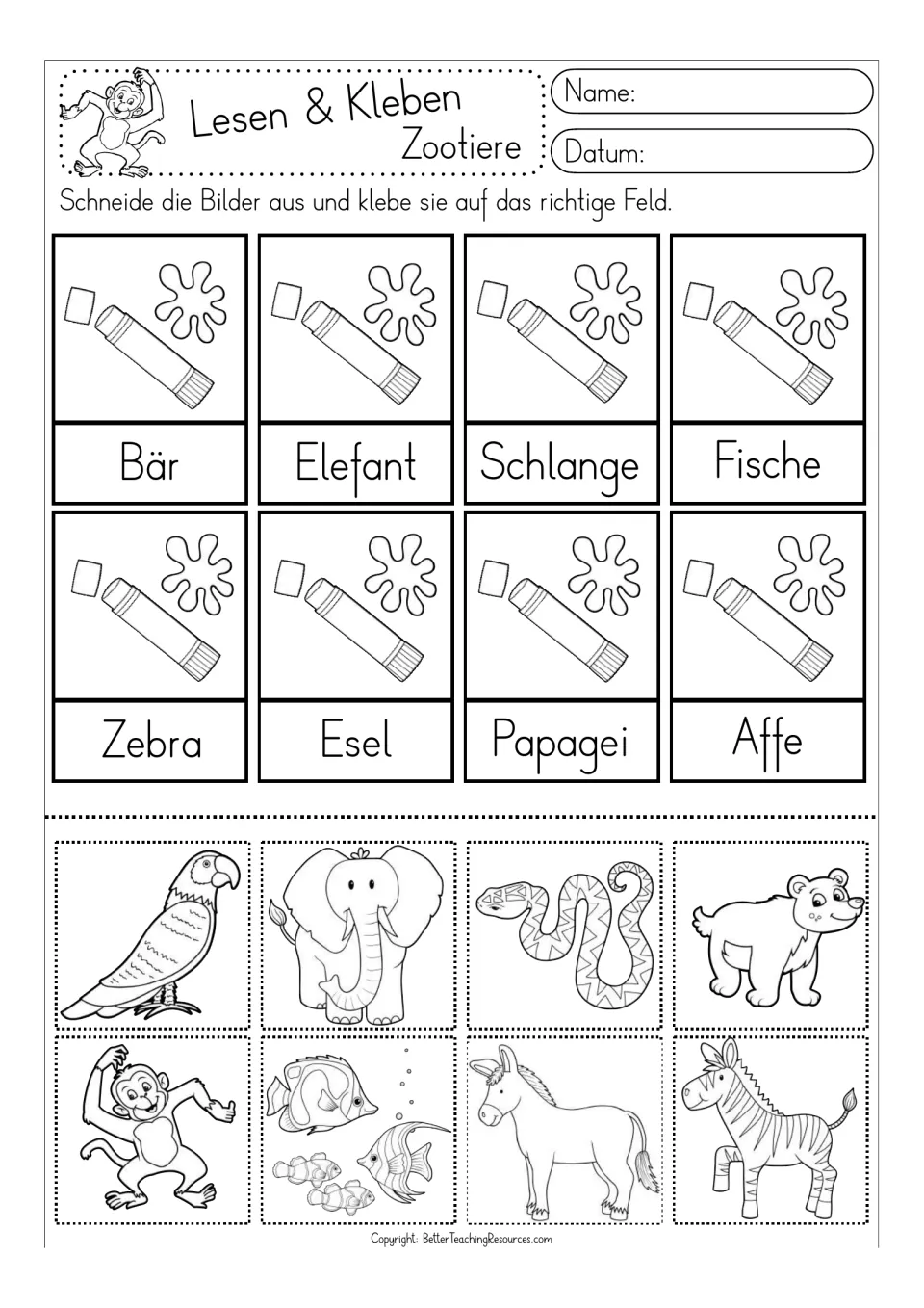 Black-and-white cut-and-glue activity for eight German animal words, including Esel (donkey) and Affe (monkey)