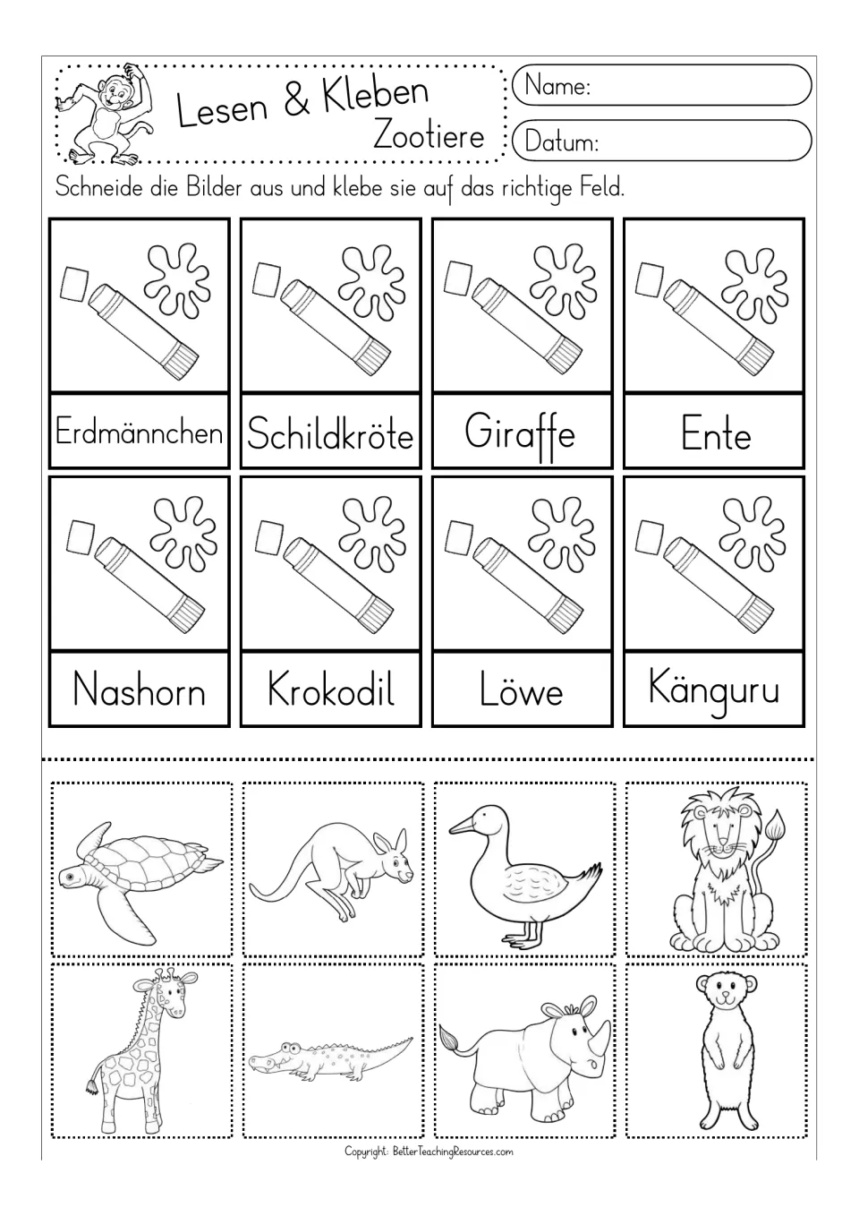 Black-and-white cut-and-glue activity for eight German animal words, including Ente (duck) and Löwe (lion)