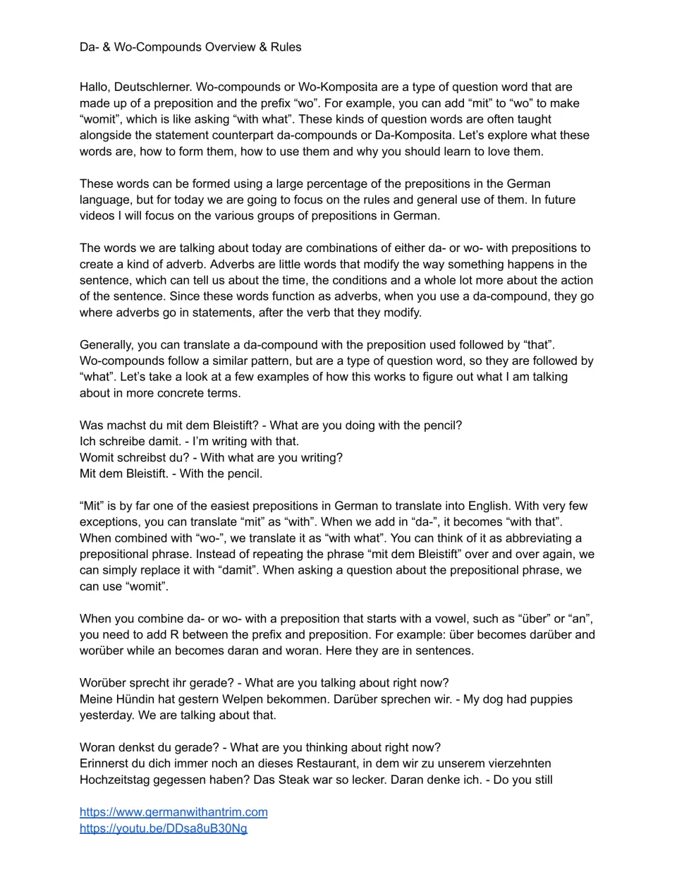 German da- and wo-compounds intro: students read how womit, damit, darüber and woran form, with short dialogue examples