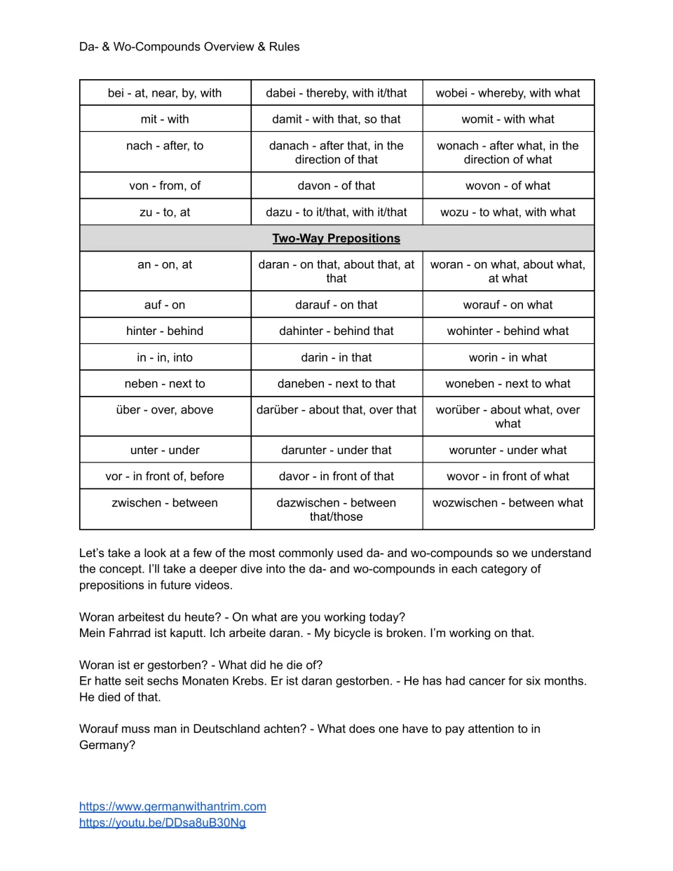 Translation table for dative and two-way forms like wobei, wozu, darüber, plus sample questions using woran and daran