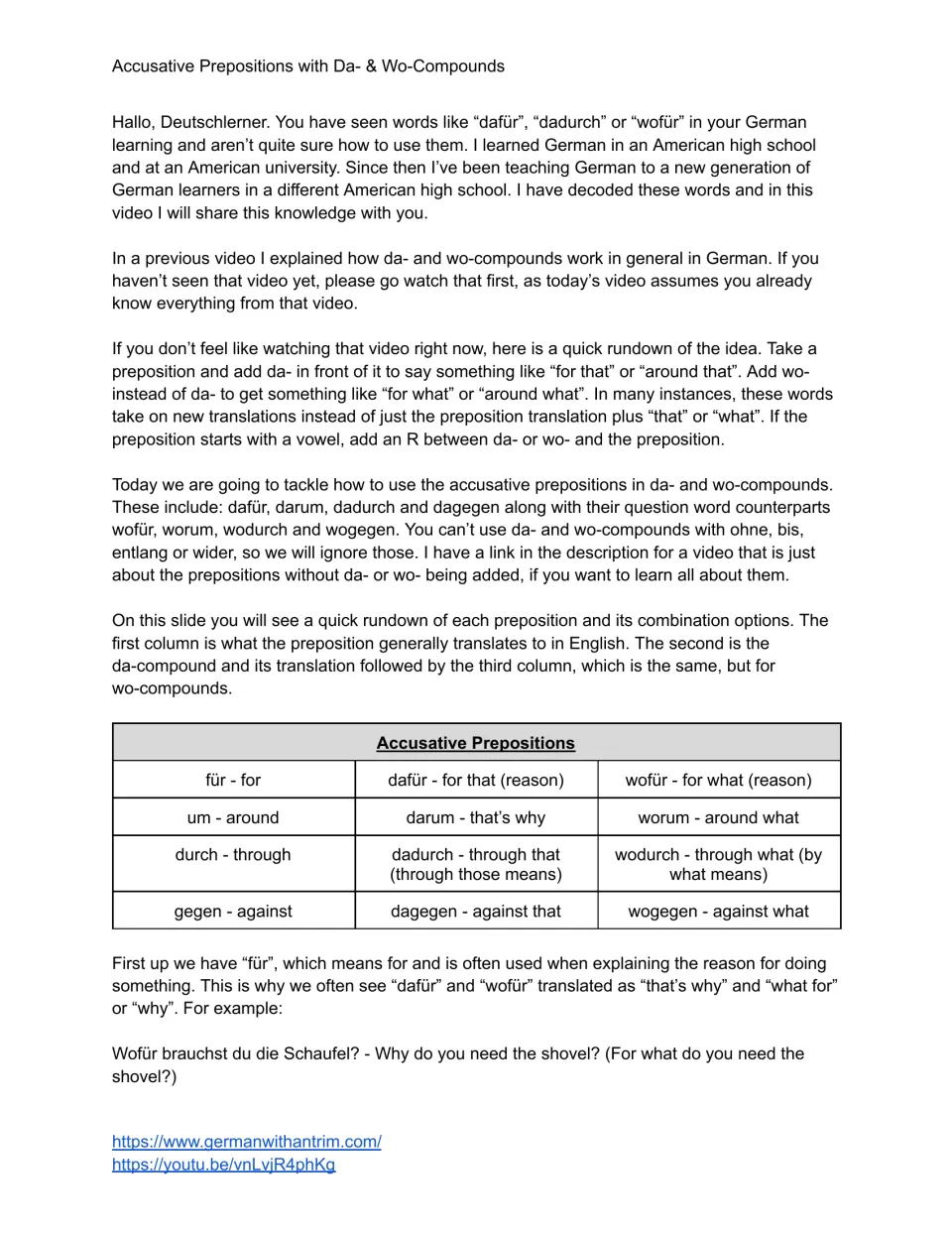 Lesson text, page 1: da- and wo-compound formation and an overview of für, um, durch, and gegen.