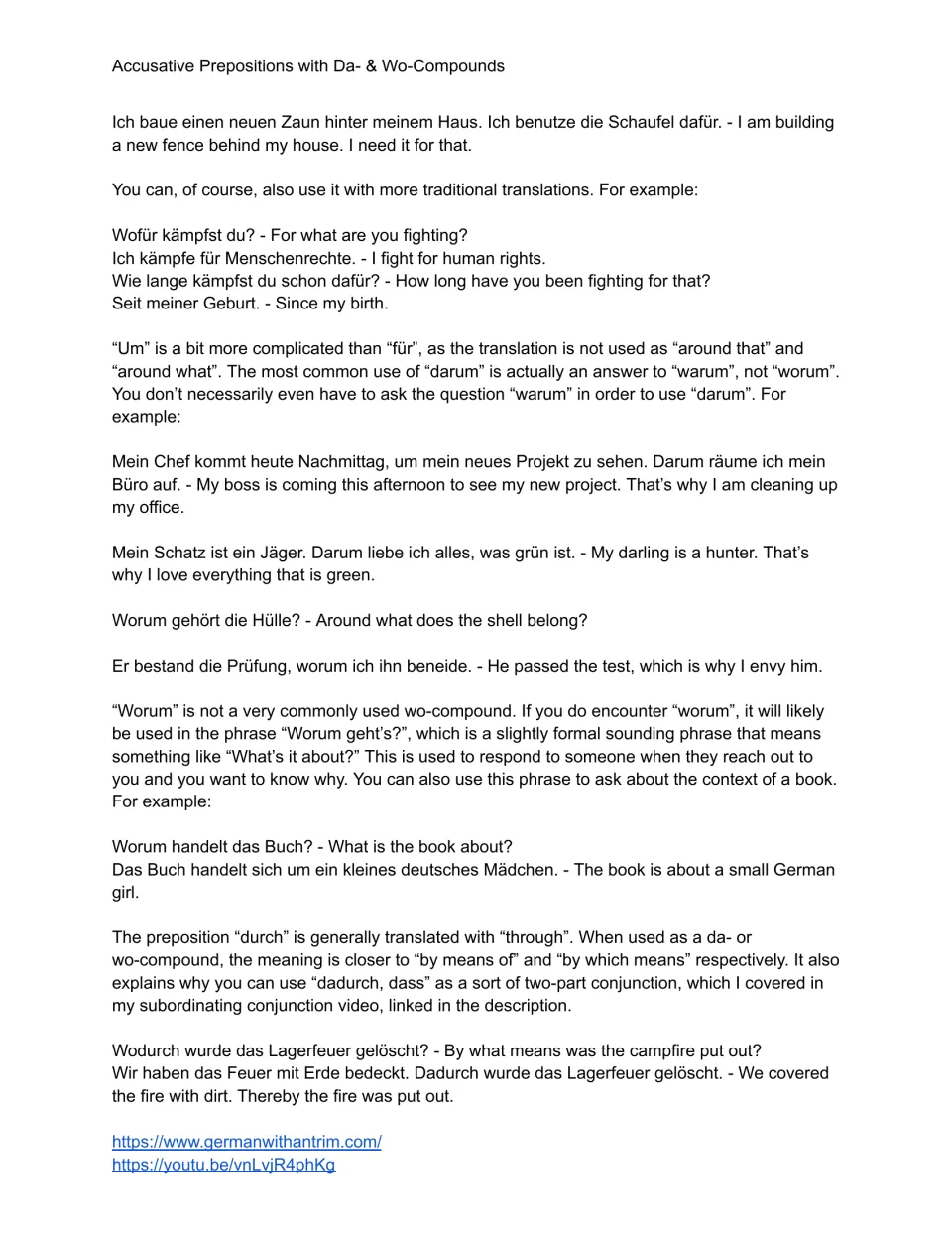 Lesson text, page 2: dafür (for that), darum (that's why), worum (about what), and wodurch (by what means).