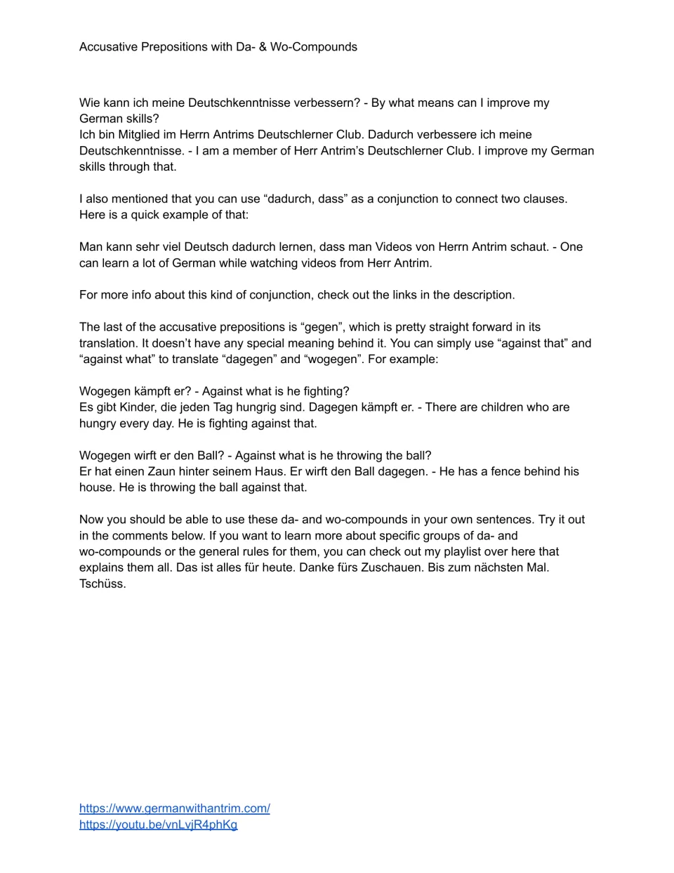 Lesson text, page 3: dadurch, dass connects clauses; dagegen (against that) and wogegen (against what).