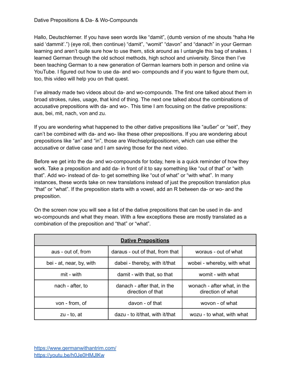 Da- and wo-compound intro: students read how they form and study a chart of aus, bei, mit, nach, von, zu with meanings