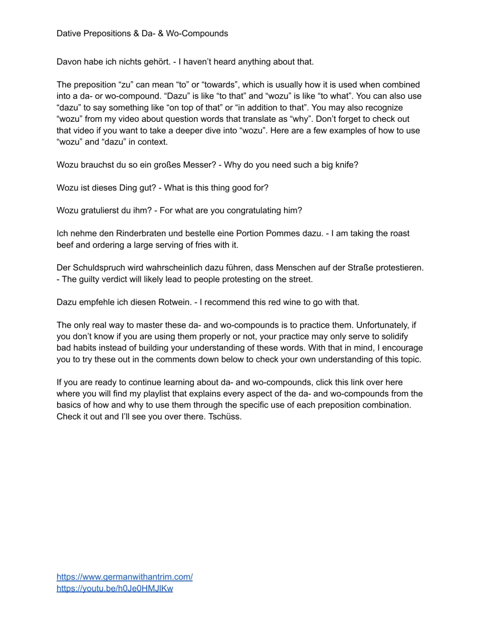 Dazu and wozu: students read translated examples like Wozu brauchst du so ein großes Messer? and a call to practise