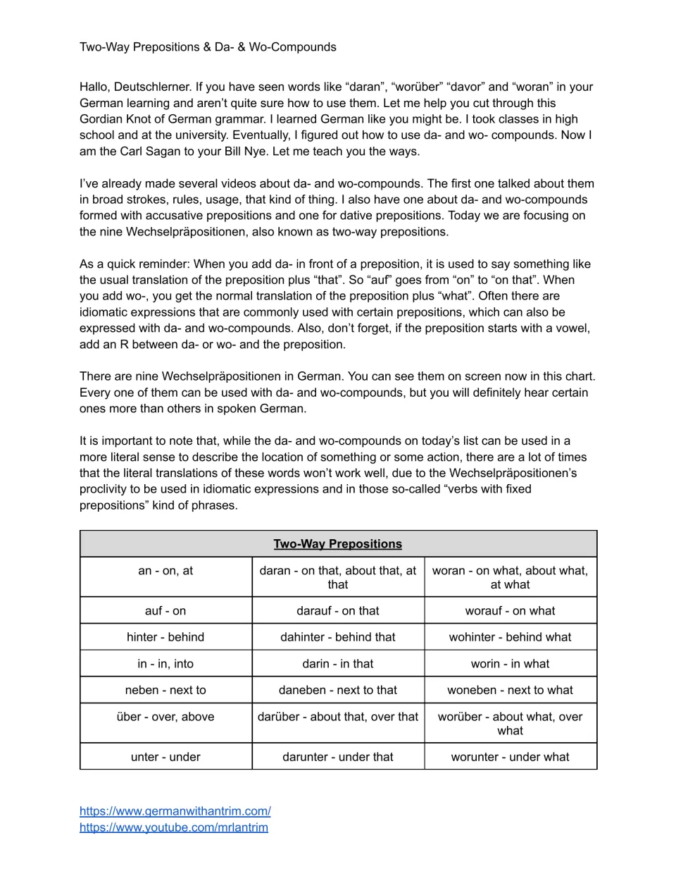 Intro to da- and wo-compounds: students read the rules and a chart of two-way prepositions with their da- and wo- forms