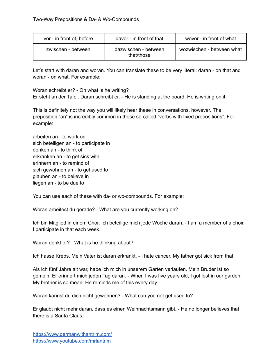 Daran and woran: students read vor and zwischen chart rows, eight verbs used with an, and examples with translations