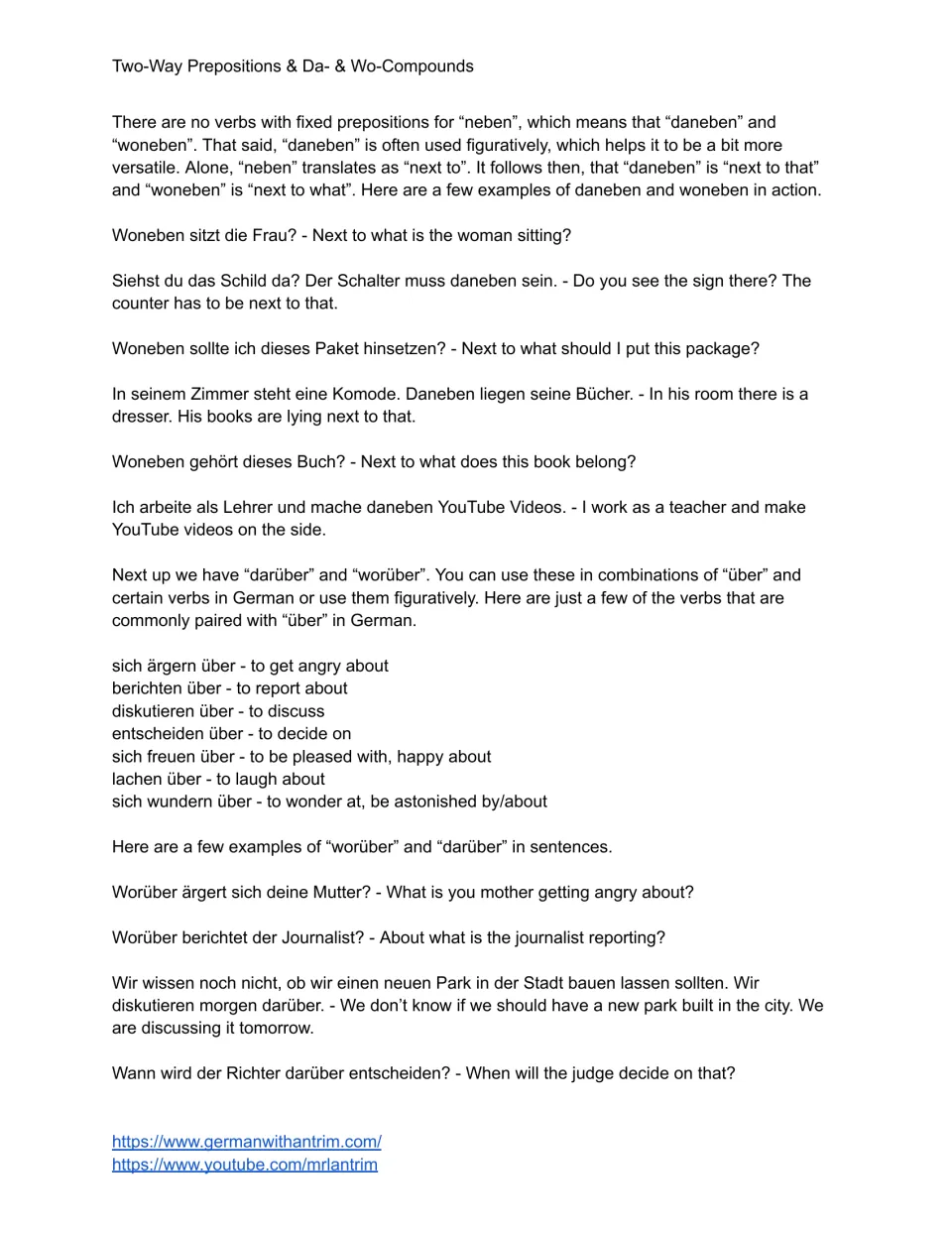 Daneben and darüber: students read neben examples and seven verbs used with über, like sich freuen über