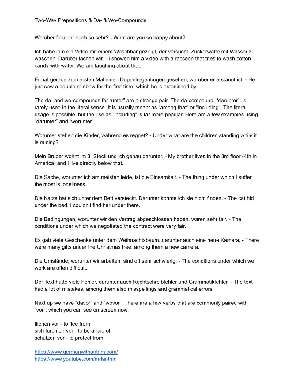 Darunter and worunter: students read sentences showing literal and including meanings, then verbs paired with vor