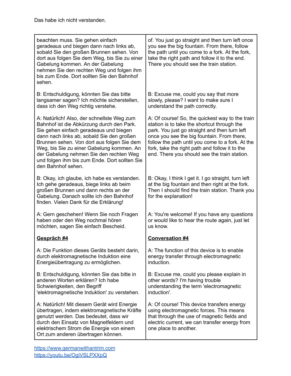 German lesson script: asking for slower station directions and a simpler explanation of energy transfer
