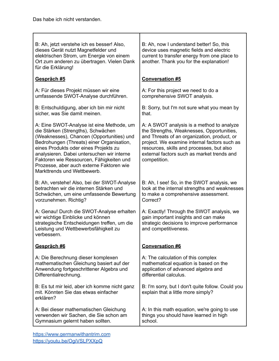 German lesson script: energy transfer clarification, a SWOT analysis dialogue, and a request for simpler math