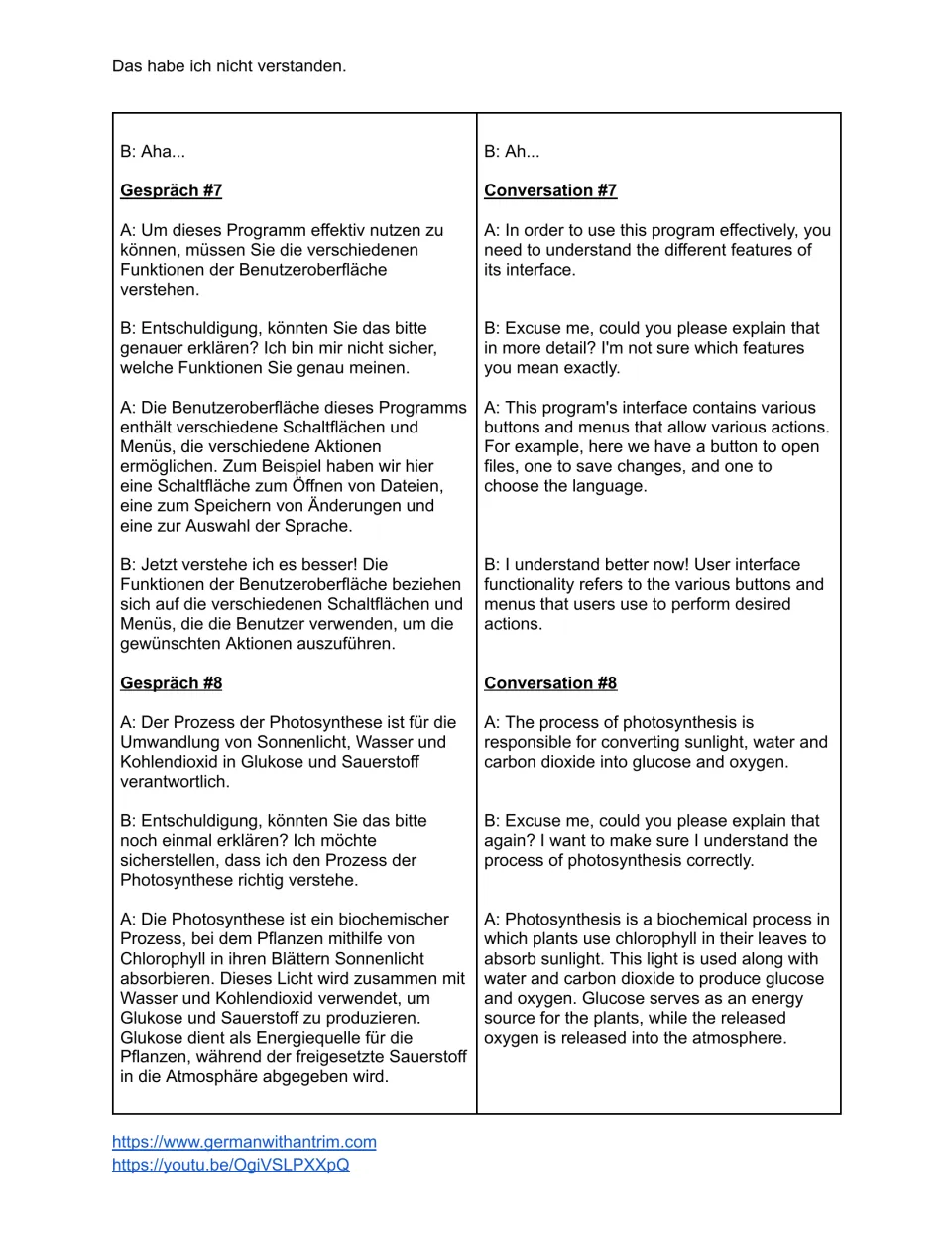 German lesson script: a brief math reply, software interface clarification, and a photosynthesis explanation