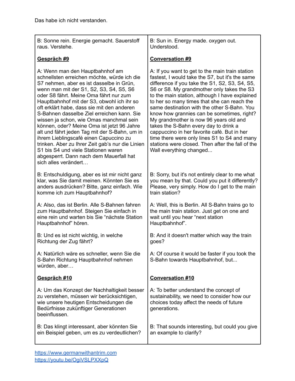 German lesson script: a photosynthesis recap, Berlin train directions, and a request for a sustainability example