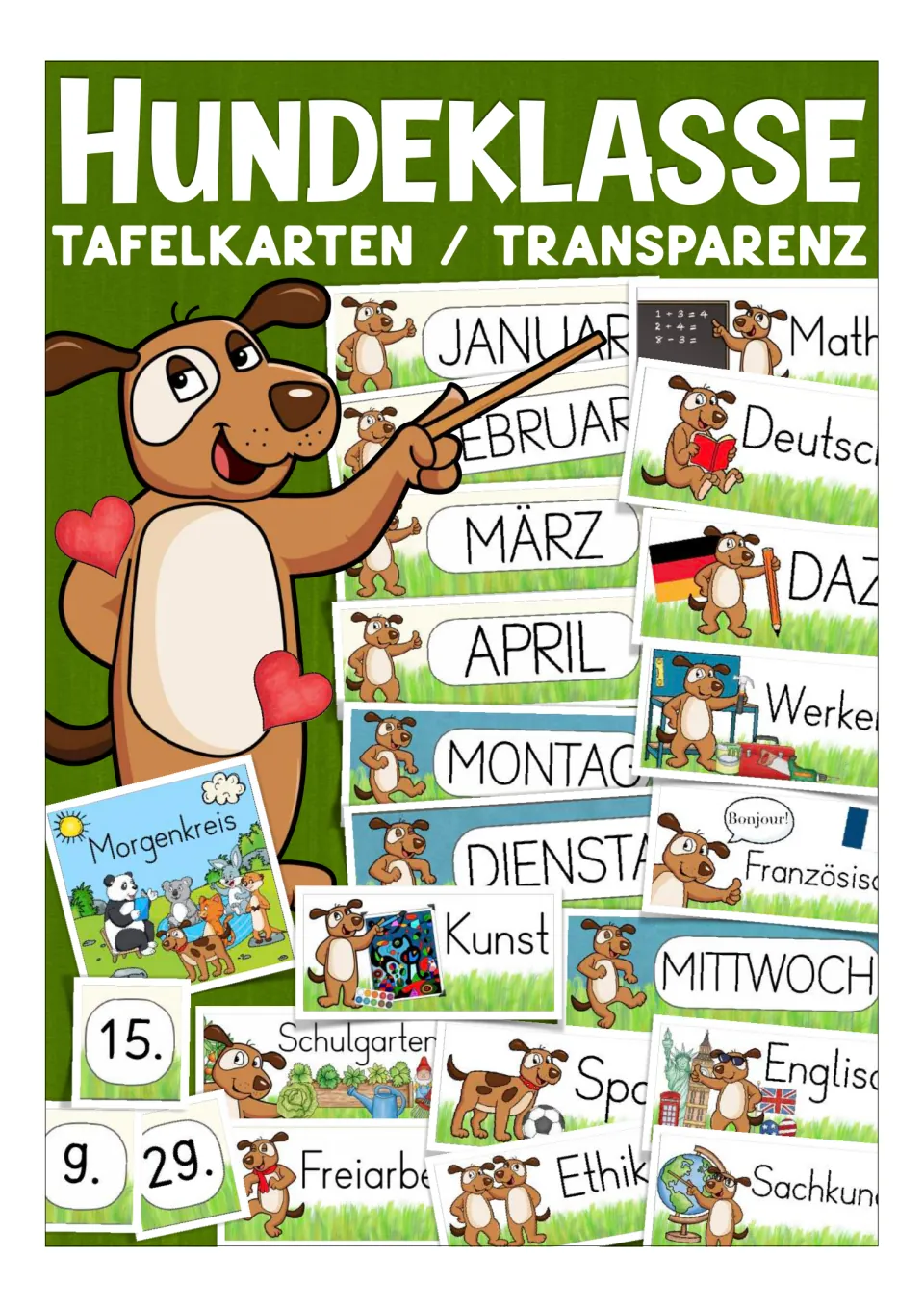 Cover of the German classroom card resource, showing samples of weekday, month, date, and subject cards