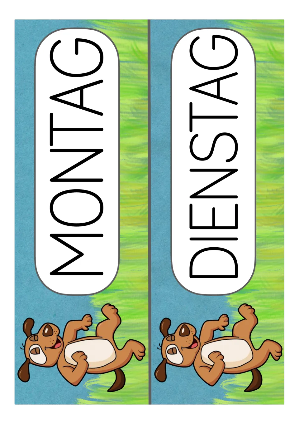 German weekday display cards for Montag (Monday) and Dienstag (Tuesday), the first two days in the set