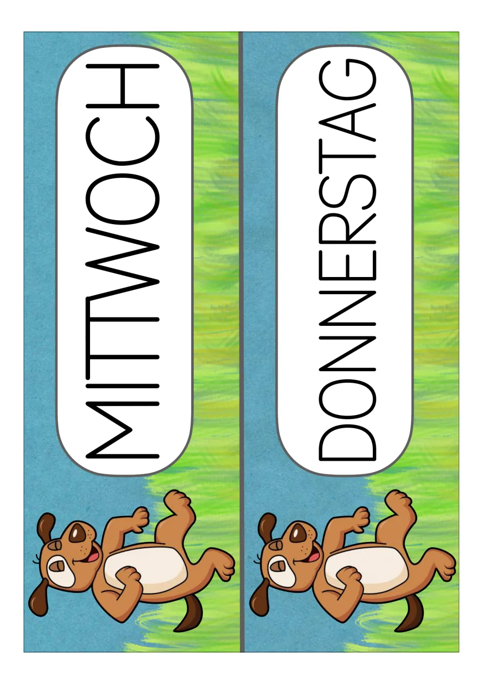German weekday display cards for Mittwoch (Wednesday) and Donnerstag (Thursday), continuing the weekday set