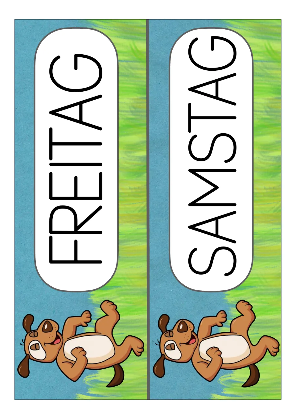 German weekday display cards for Freitag (Friday) and Samstag (Saturday), continuing the seven-day set
