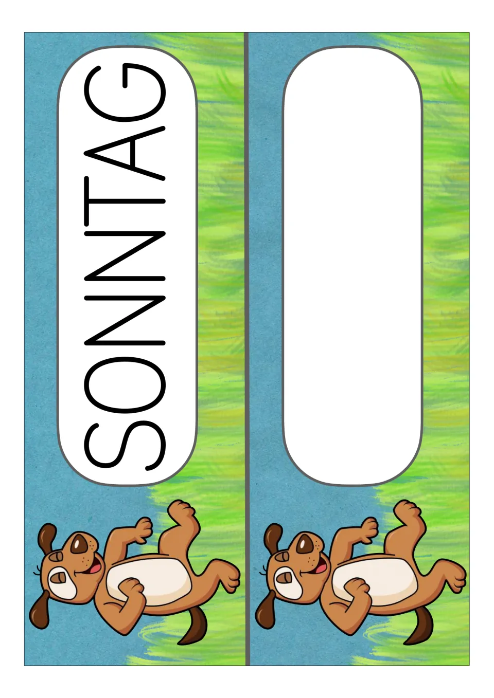 German weekday display card for Sonntag (Sunday) and one blank template, completing the seven weekday labels