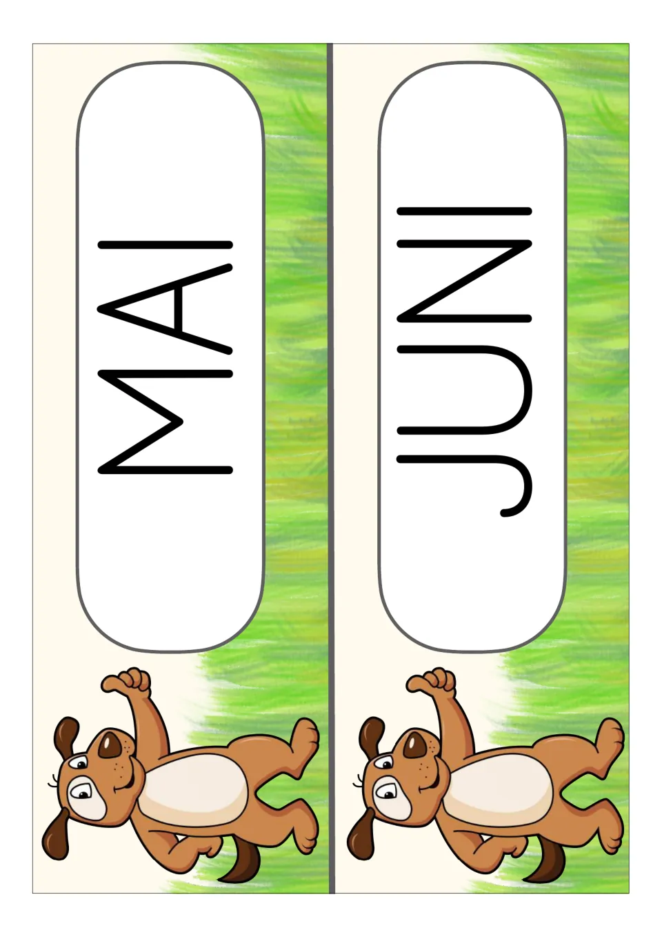 German month display cards for Mai (May) and Juni (June), continuing the calendar set with months five and six