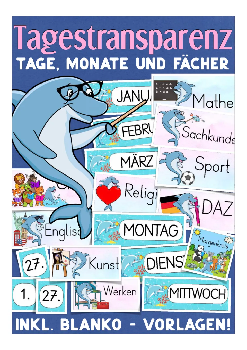 Cover of the German classroom card resource, showing examples of weekday, month, date, and subject cards