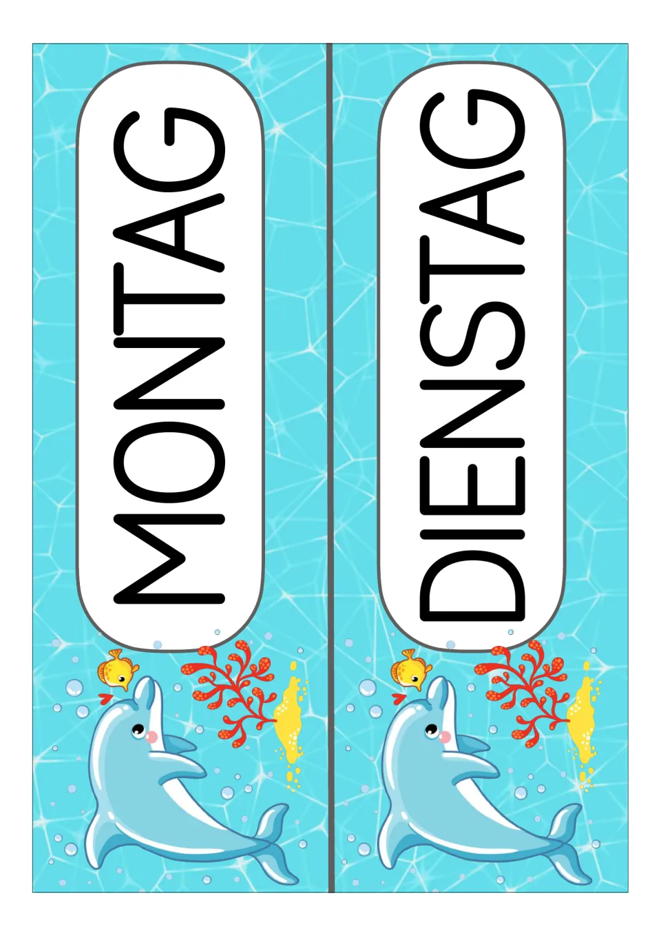 German weekday display cards for MONTAG (Monday) and DIENSTAG (Tuesday), part of the classroom card set