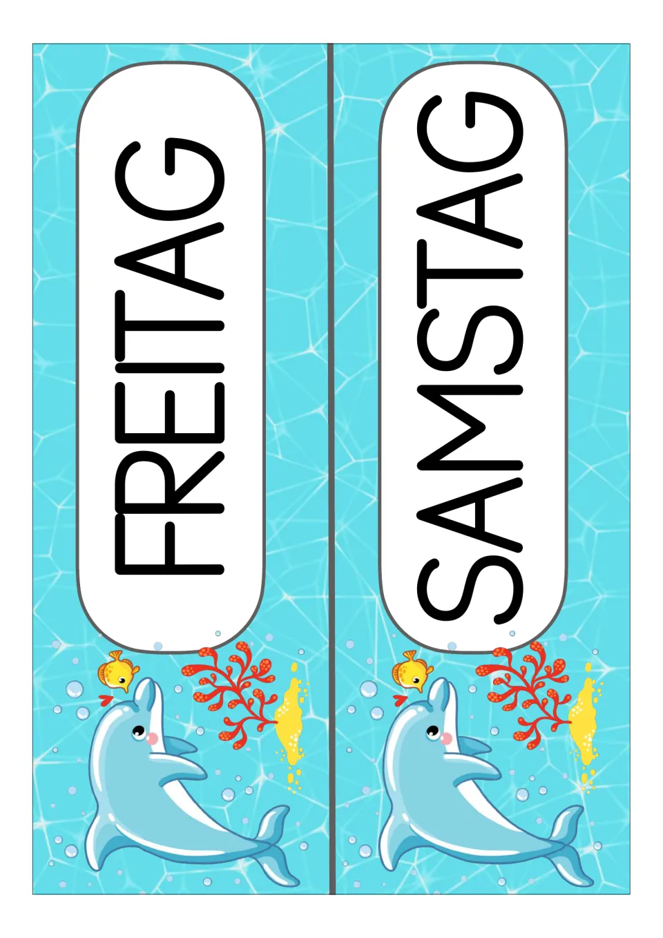 German weekday display cards for FREITAG (Friday) and SAMSTAG (Saturday), part of the classroom card set