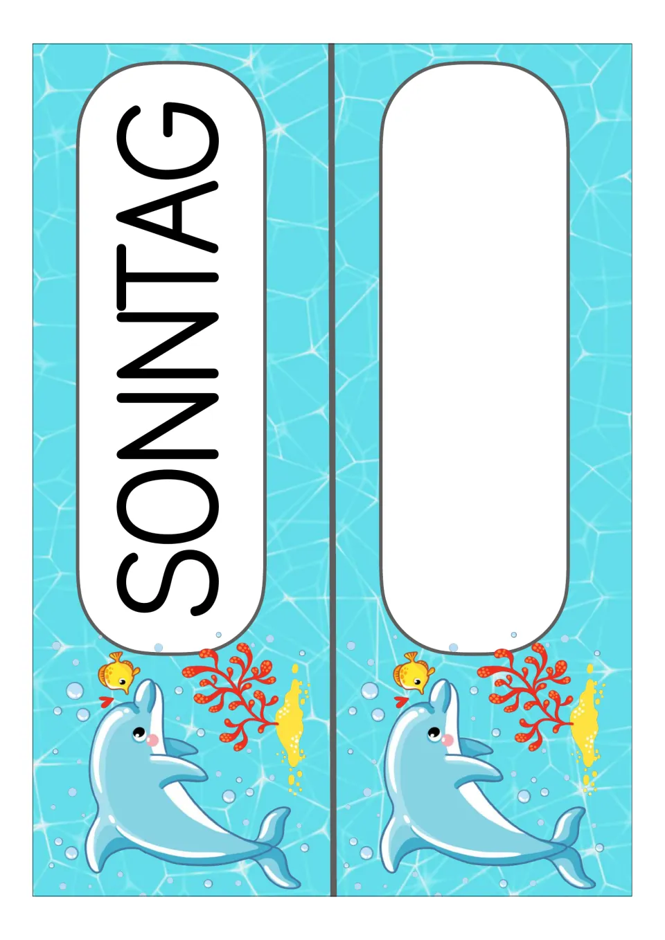 German weekday display card for SONNTAG (Sunday) paired with a blank template in the classroom card set