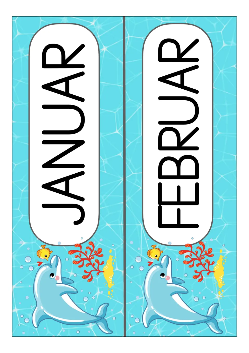 German month display cards for JANUAR (January) and FEBRUAR (February), part of the classroom card set
