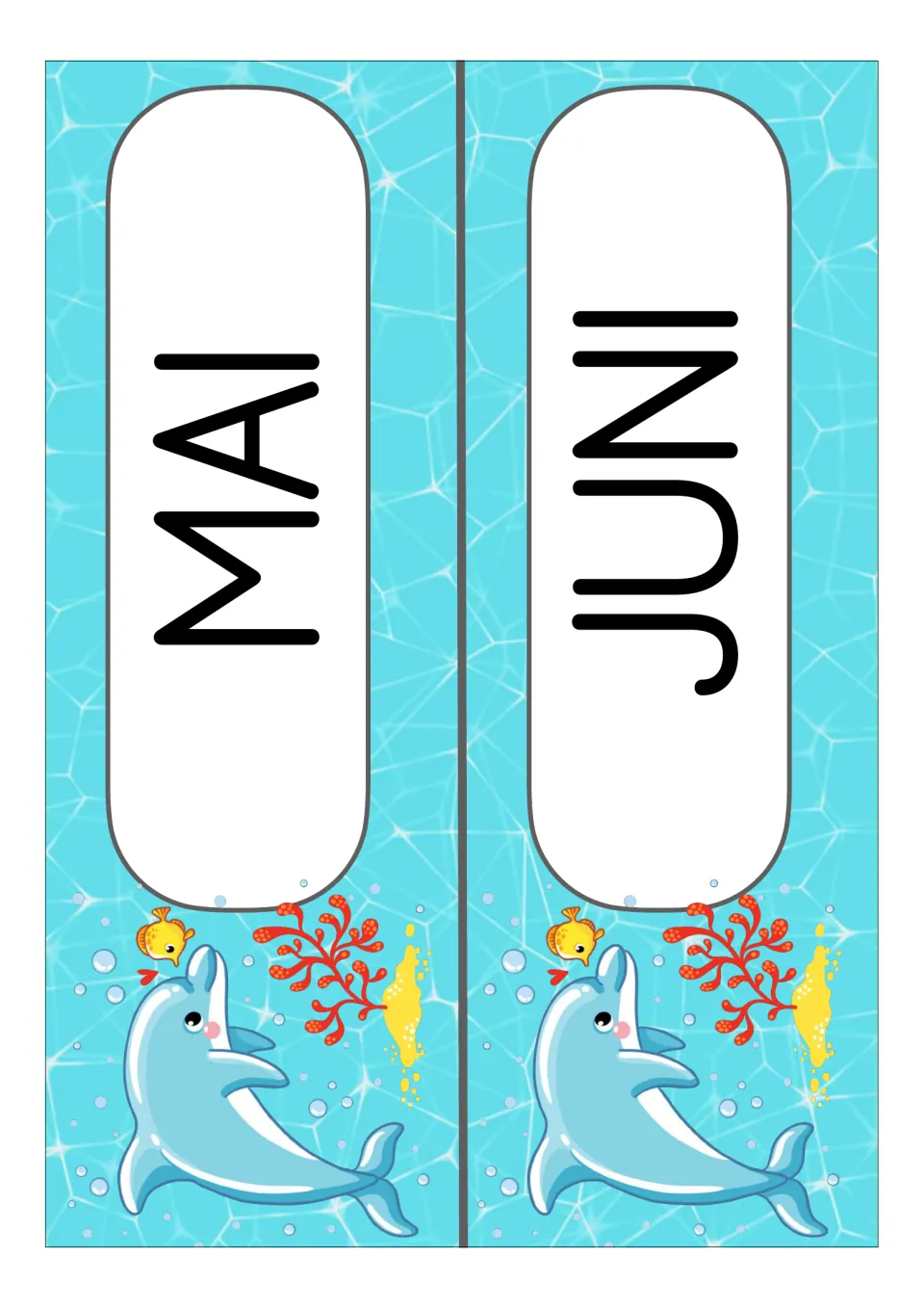 German month display cards for MAI (May) and JUNI (June), part of the classroom vocabulary card set