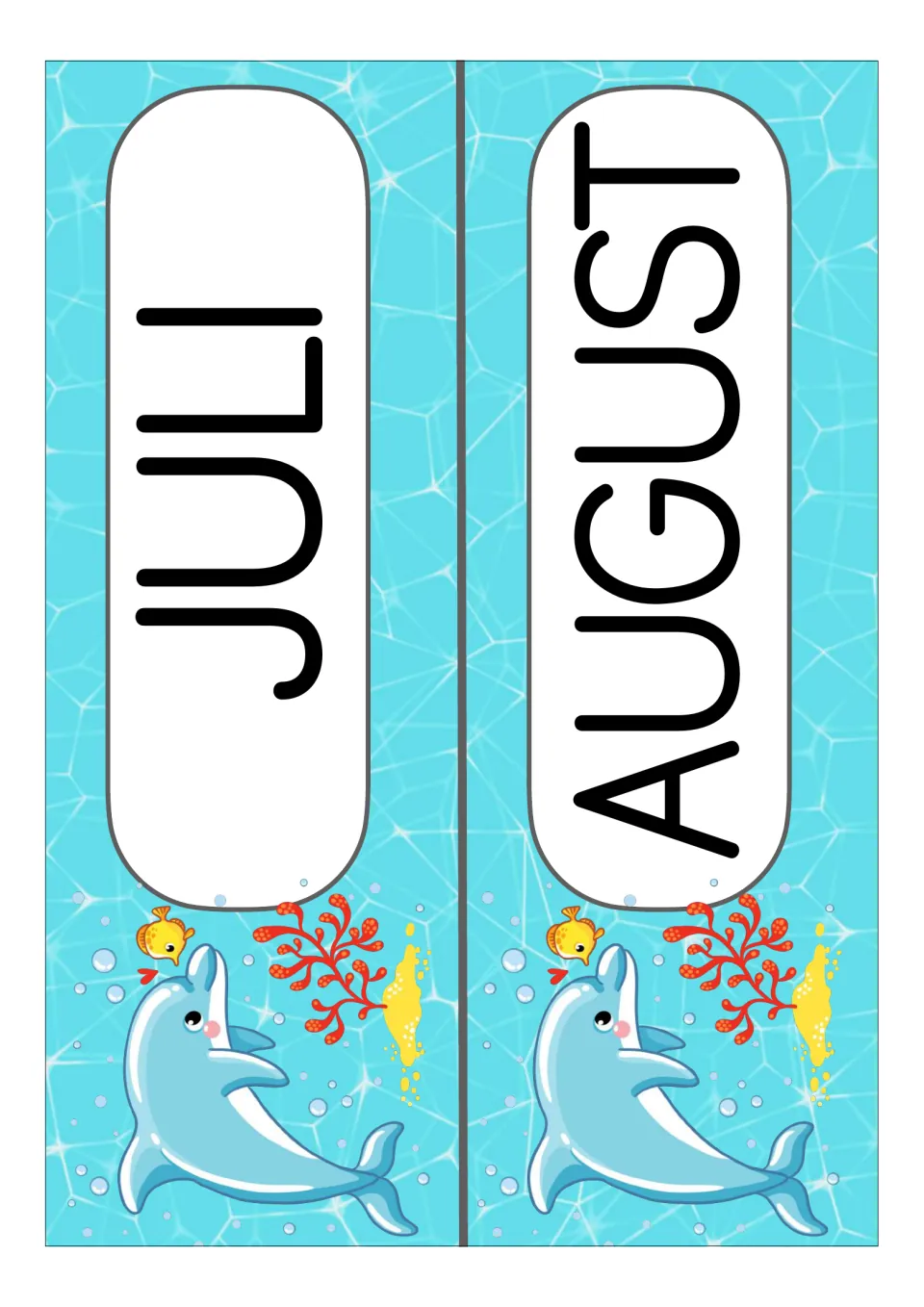 German month display cards for JULI (July) and AUGUST (August), part of the classroom vocabulary card set