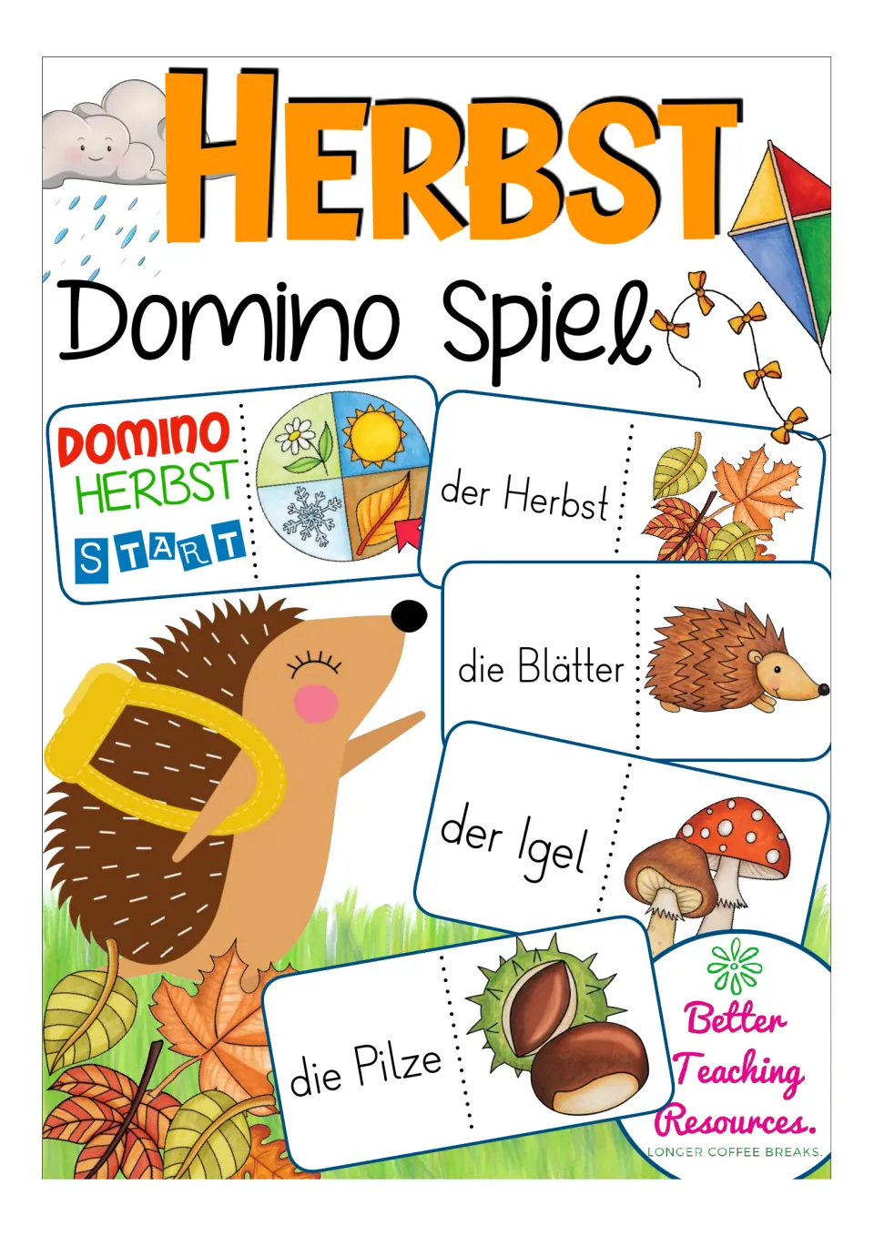 Cover of German Dominoes: Autumn, showing sample cards for fall, leaves, hedgehogs, mushrooms, and chestnuts
