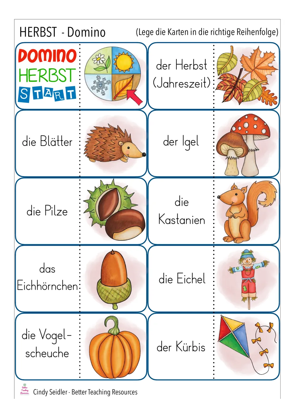 German fall domino cards 1–10: START, der Herbst (fall), die Blätter (leaves), and seven more picture-word cards